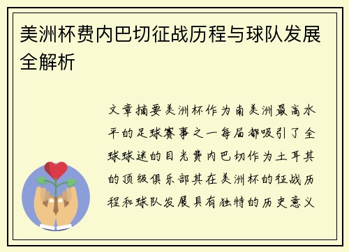 美洲杯费内巴切征战历程与球队发展全解析 美洲杯费内巴切征战历程与球队发展全解析
