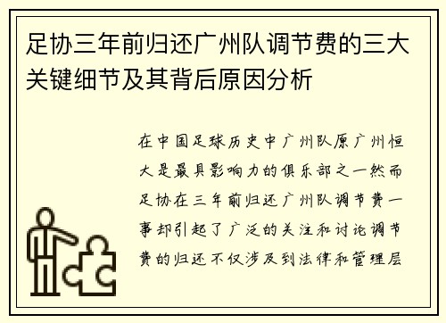 足协三年前归还广州队调节费的三大关键细节及其背后原因分析 足协三年前归还广州队调节费的三大关键细节及其背后原因分析